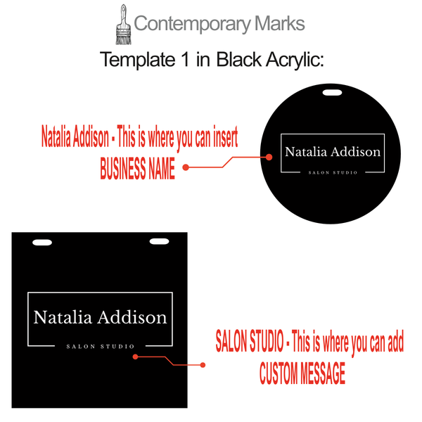 Contemporary Marks pre-set templates for modern office sign in 12x12 and 15x15 in Black Acrylic