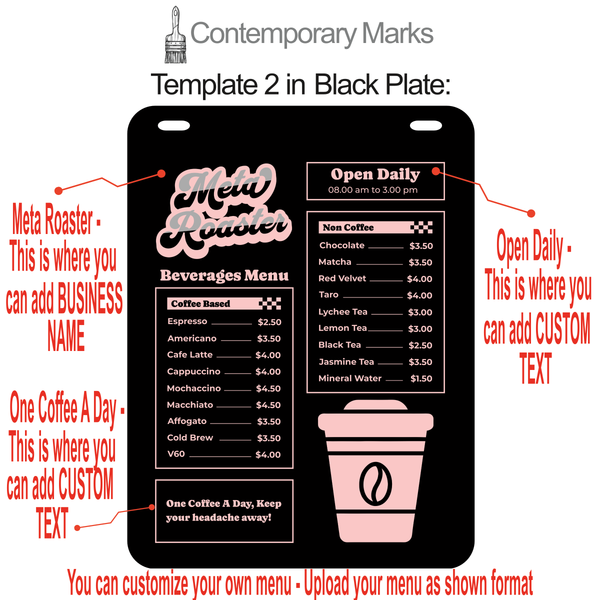 Contemporary Marks pre-set coffee shop menu display templates for hanging menu sign in black