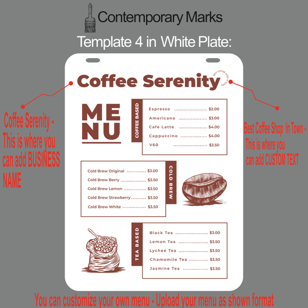 Contemporary Marks pre-set coffee shop magnetic menu display templates for hanging menu sign in white